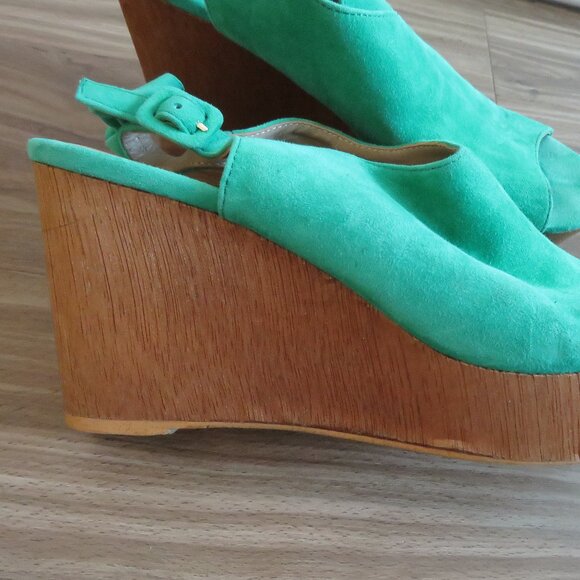 ANTHROPOLOGIE Bow Back Wooden Wedge Peeptoe Sandals in Kelly Green - Size US 10 - Picture 11 of 15
